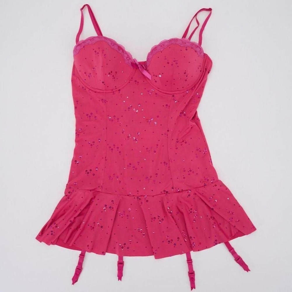 Victoria's Secret Hot Pink Sequin Bustier Slip Garter Lingerie 36C 2120 2007